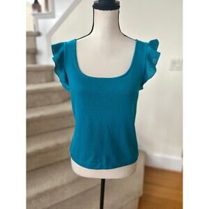 St. John Teal Blue Square Neck Flutter Sleeve Santana Knit Top